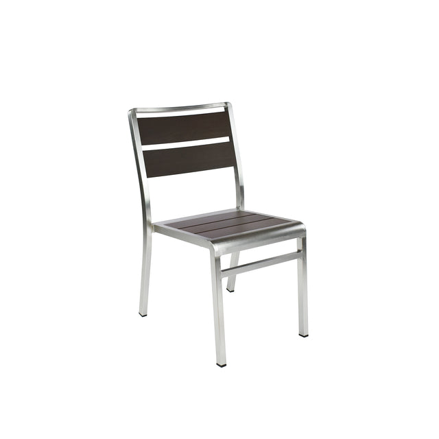 A modern wood-look aluminum chair with a sleek metal frame and straight legs. The dark brown slats and silver finish make it perfect as an indoor outdoor chair. Positioned on a white background, it faces slightly to the left.