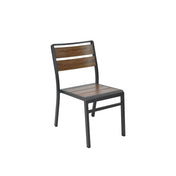 A modern Sid Stacking Side Chair with a dark metal frame and wooden slats on the seat and backrest. This versatile indoor outdoor chair features four straight legs, a slightly curved backrest, and a rich brown wood look that contrasts beautifully with the black frame.