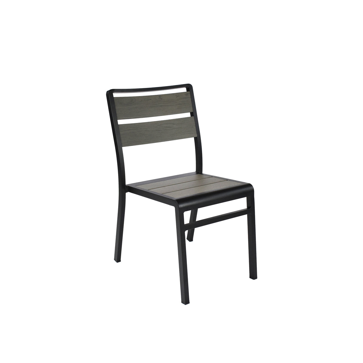 A modern stacking side chair with a black metal frame, featuring two wide, horizontal dark wooden slats on the backrest and a matching wooden seat. Its minimalist design suits any space, ideal as an indoor outdoor chair against a plain white background.