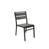 A modern stacking side chair with a black metal frame, featuring two wide, horizontal dark wooden slats on the backrest and a matching wooden seat. Its minimalist design suits any space, ideal as an indoor outdoor chair against a plain white background.