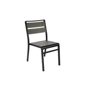 A modern stacking side chair with a black metal frame, featuring two wide, horizontal dark wooden slats on the backrest and a matching wooden seat. Its minimalist design suits any space, ideal as an indoor outdoor chair against a plain white background.