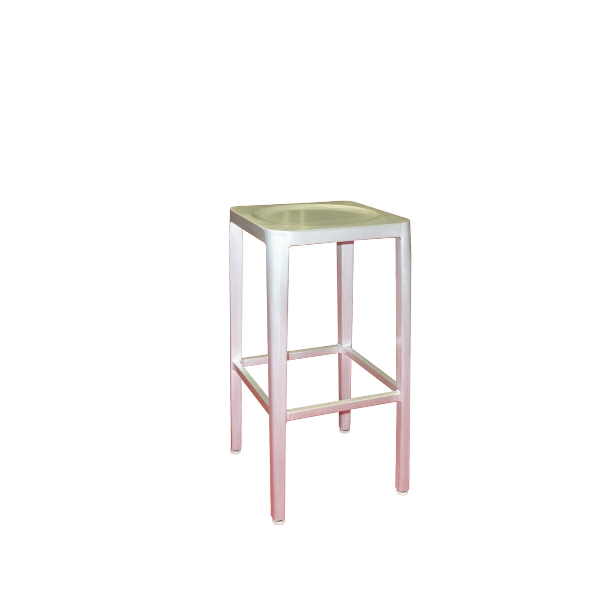 The Anna Barstool is a tall, square, backless stool with an aluminum seat and four straight legs. Its pale pink finish and minimalist design suit both outdoor/indoor spaces. The supportive bars near the base add stability. Background is plain white.