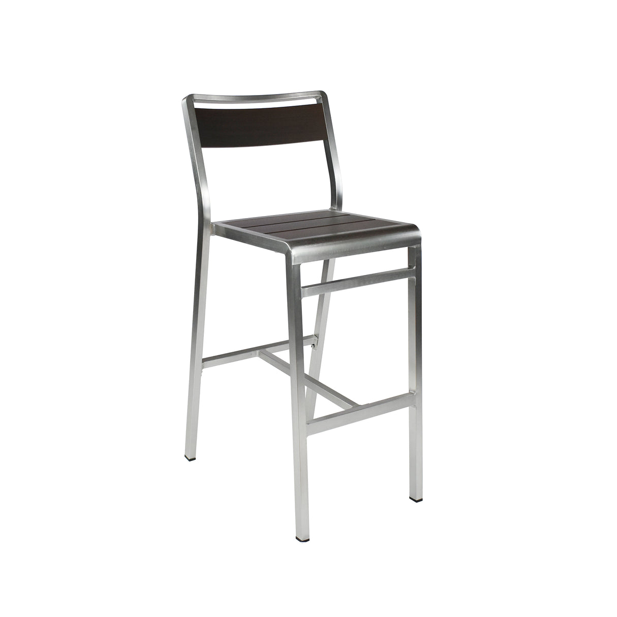 The Sid Barstool features a brushed metal frame with four straight legs and a footrest bar. Its seat and backrest showcase elegant wood-look aluminum, making it perfect for both indoor/outdoor settings. The background is plain white.