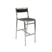 The Sid Barstool features a brushed metal frame with four straight legs and a footrest bar. Its seat and backrest showcase elegant wood-look aluminum, making it perfect for both indoor/outdoor settings. The background is plain white.
