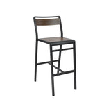 The Sid Barstool features a minimalist design with a black metal frame and a wood-look aluminum seat and backrest. Ideal for indoor outdoor spaces, its slim legs and horizontal supports bring modern style against a plain white background.