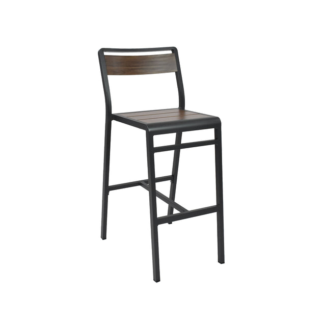 The Sid Barstool features a minimalist design with a black metal frame and a wood-look aluminum seat and backrest. Ideal for indoor outdoor spaces, its slim legs and horizontal supports bring modern style against a plain white background.