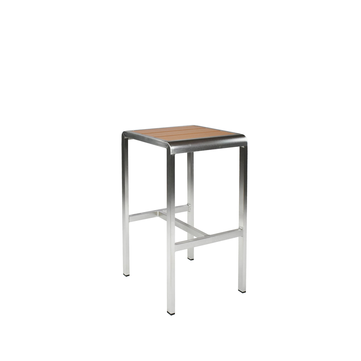 The Sid Barstool features a square wood-look aluminum seat and a sleek silver metal frame. With four straight legs and horizontal support bars, its minimalist design suits any outdoor/indoor space with contemporary style.