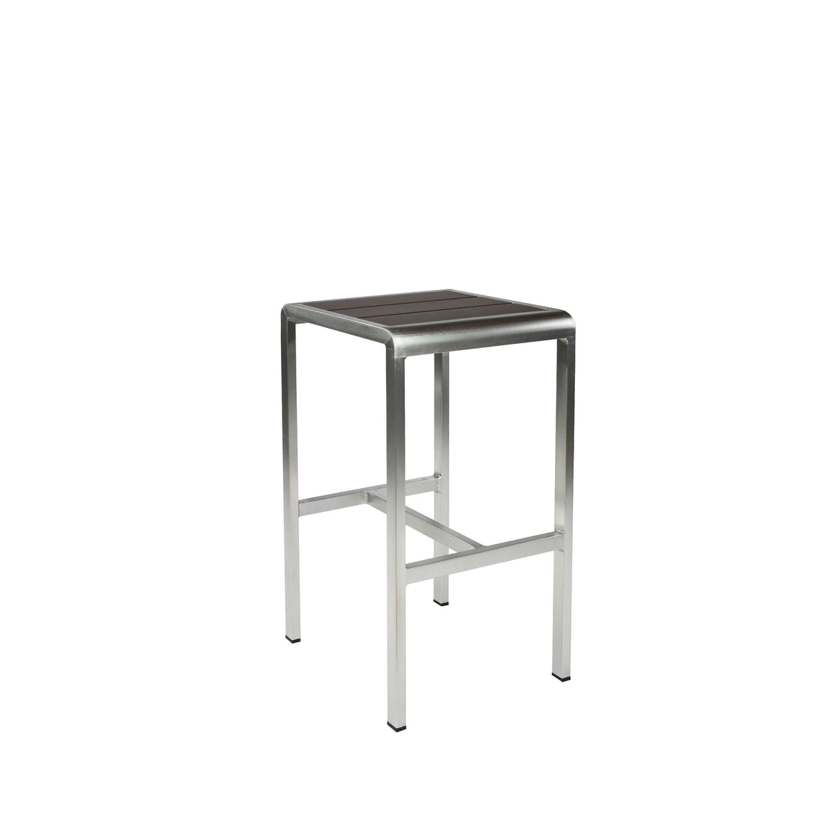 The Sid Barstool features a brushed metal frame and a rectangular, dark wood-look aluminum seat. Perfect for outdoor/indoor spaces, its minimalist and industrial design includes four straight legs and a sturdy horizontal support bar.