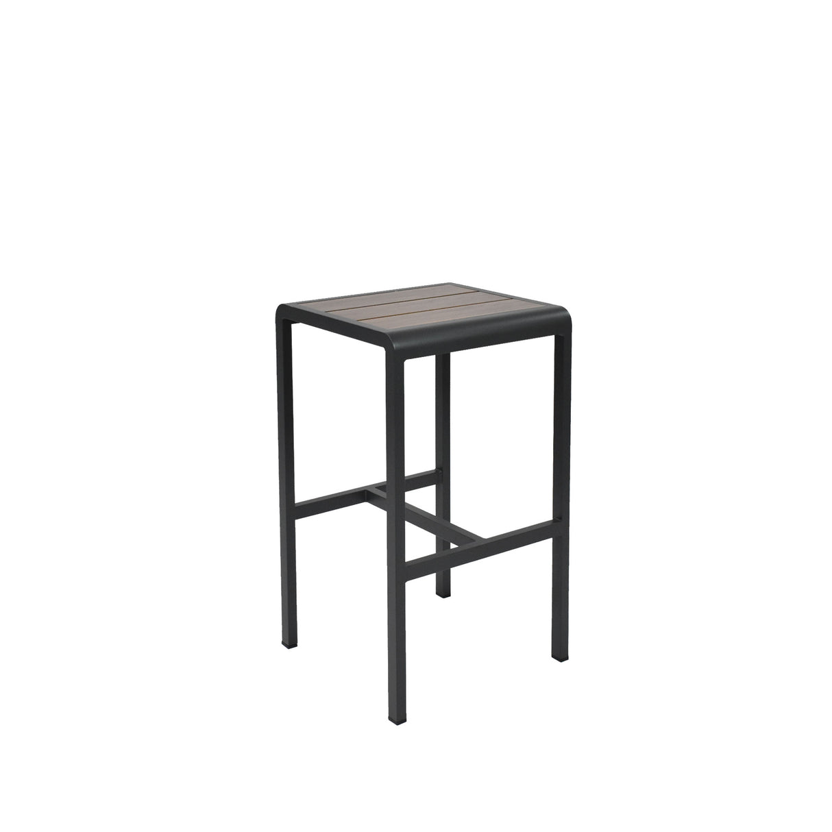 The Sid Barstool features a modern, square design with a black metal frame and a slatted, wood-look aluminum seat. Suitable for outdoor/indoor use, it offers stability with four straight legs and two horizontal support bars on each side.