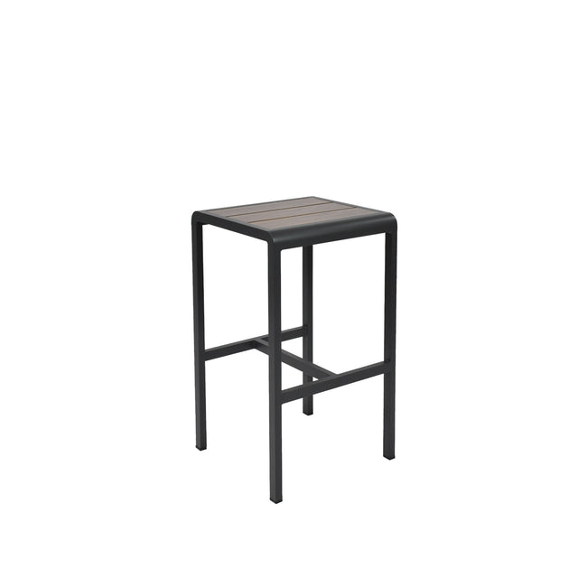 The Sid Barstool features a modern, square design with a black metal frame and a slatted, wood-look aluminum seat. Suitable for outdoor/indoor use, it offers stability with four straight legs and two horizontal support bars on each side.