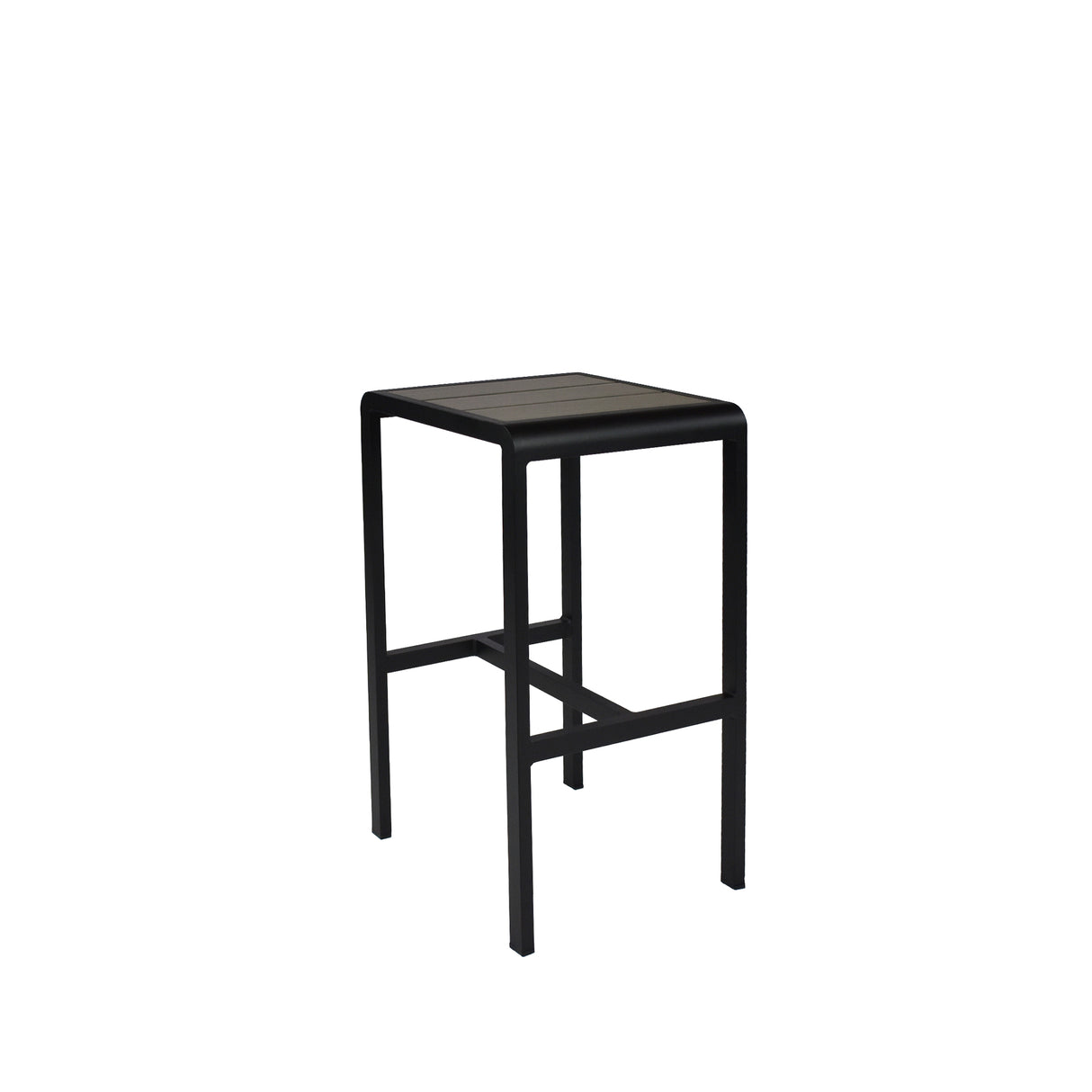 The Sid Barstool features a black, modern, minimalist design with a square flat seat and four straight legs in wood-look aluminum, perfect for outdoor/indoor spaces. Its sleek lines stand out against a plain white background.