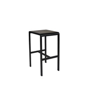 The Sid Barstool features a black, modern, minimalist design with a square flat seat and four straight legs in wood-look aluminum, perfect for outdoor/indoor spaces. Its sleek lines stand out against a plain white background.