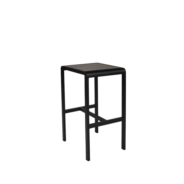 The Sid Barstool features a black, modern, minimalist design with a square flat seat and four straight legs in wood-look aluminum, perfect for outdoor/indoor spaces. Its sleek lines stand out against a plain white background.
