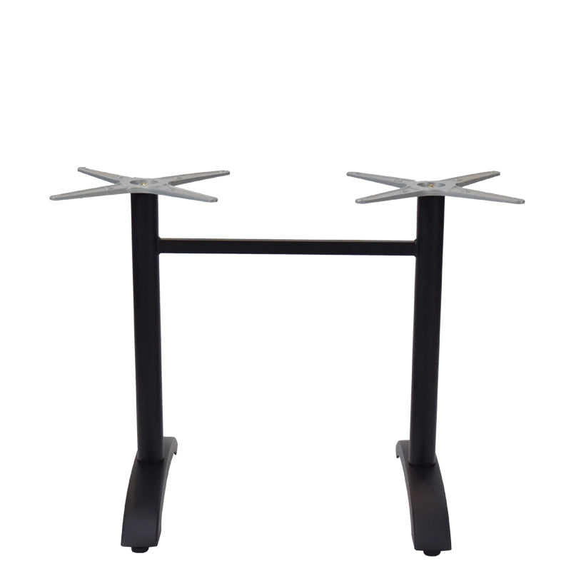 A Zak Table Base at dining height, this black metal double table base features two rectangular legs connected by a horizontal bar, X-shaped mounting plates, and sits on flat, curved feet. Ideal for modern spaces, it is crafted from durable cast aluminum.