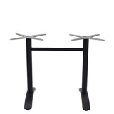A Zak Table Base at dining height, this black metal double table base features two rectangular legs connected by a horizontal bar, X-shaped mounting plates, and sits on flat, curved feet. Ideal for modern spaces, it is crafted from durable cast aluminum.