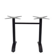 A Zak Table Base at dining height, this black metal double table base features two rectangular legs connected by a horizontal bar, X-shaped mounting plates, and sits on flat, curved feet. Ideal for modern spaces, it is crafted from durable cast aluminum.