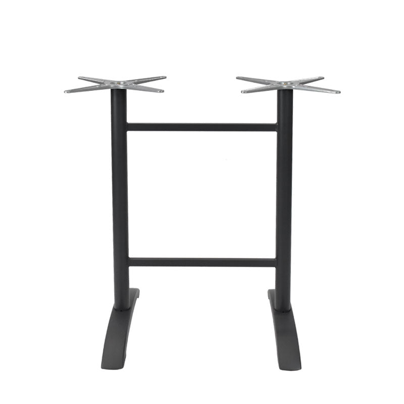 The Zak Table Base is a black metal double table base with two mounting plates on top, a horizontal support bar in the middle, and two curved legs at the bottom. Its sturdy design is ideal for supporting a rectangular tabletop at bar height. Plain white background.