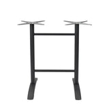 The Zak Table Base is a black metal double table base with two mounting plates on top, a horizontal support bar in the middle, and two curved legs at the bottom. Its sturdy design is ideal for supporting a rectangular tabletop at bar height. Plain white background.