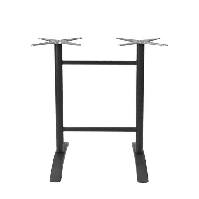 The Zak Table Base is a black metal double table base with two mounting plates on top, a horizontal support bar in the middle, and two curved legs at the bottom. Its sturdy design is ideal for supporting a rectangular tabletop at bar height. Plain white background.
