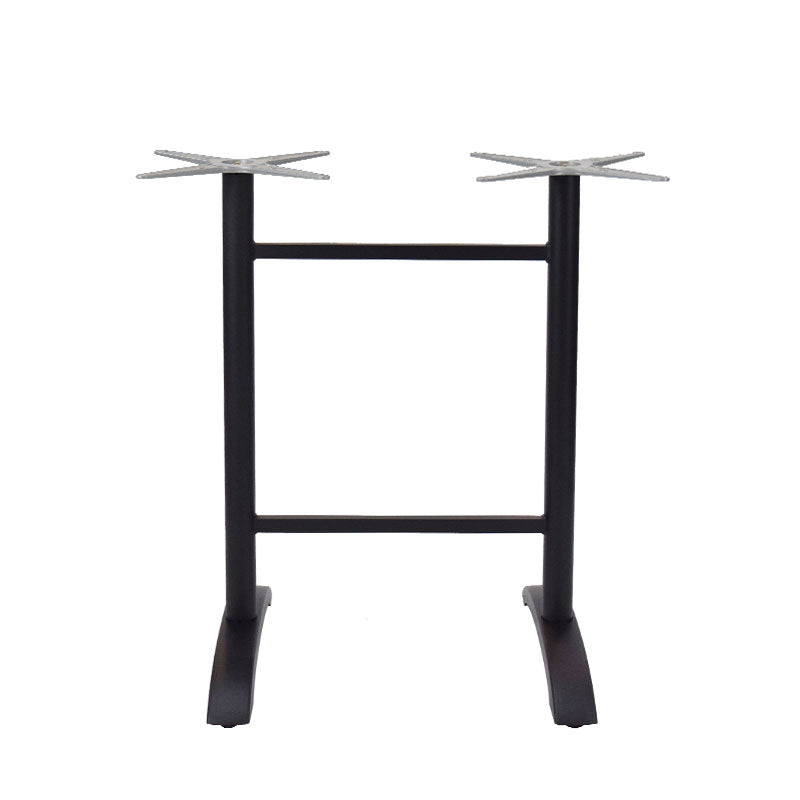 A black metal Zak Table Base, bar height, features two vertical legs joined by a horizontal bar and flat cross-shaped mounting plates atop each leg; the cast aluminum feet are flat and curve slightly outward for added stability.