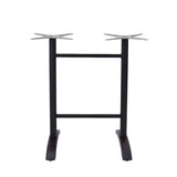 A black metal Zak Table Base, bar height, features two vertical legs joined by a horizontal bar and flat cross-shaped mounting plates atop each leg; the cast aluminum feet are flat and curve slightly outward for added stability.