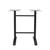 A black metal Zak Table Base, bar height, features two vertical legs joined by a horizontal bar and flat cross-shaped mounting plates atop each leg; the cast aluminum feet are flat and curve slightly outward for added stability.