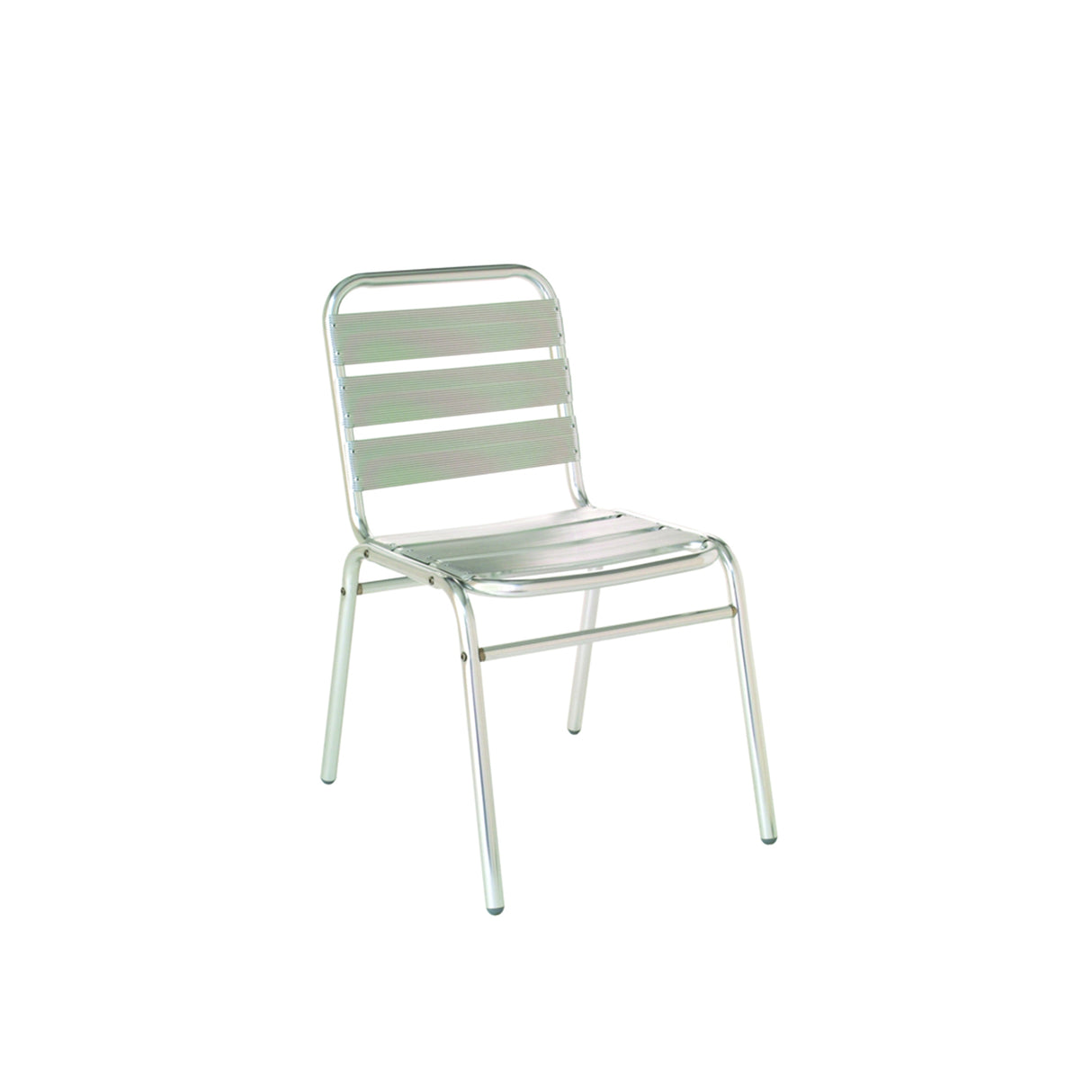 A polished aluminum Flora Stacking Side Chair with a shiny silver finish features horizontal slats on the seat and backrest. Its simple, modern design and four straight legs make it a versatile indoor outdoor chair against a plain white background.