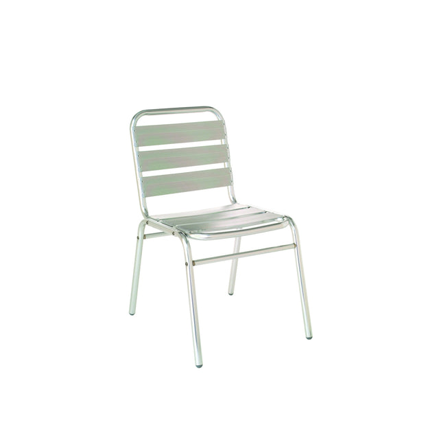 A polished aluminum Flora Stacking Side Chair with a shiny silver finish features horizontal slats on the seat and backrest. Its simple, modern design and four straight legs make it a versatile indoor outdoor chair against a plain white background.