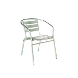 A silver Sara Stacking Armchair with a tubular aluminum frame, curved backrest, and horizontal slats on the seat and back. Sleek and modern, it's ideal for outdoor/indoor cafe settings, shown here against a plain white background.