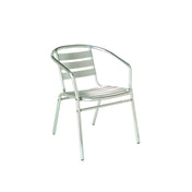 A silver Sara Stacking Armchair with a tubular aluminum frame, curved backrest, and horizontal slats on the seat and back. Sleek and modern, it's ideal for outdoor/indoor cafe settings, shown here against a plain white background.