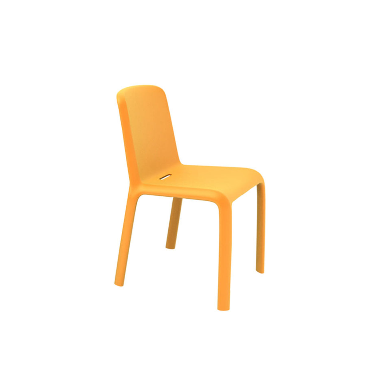 A modern orange polypropylene chair with a smooth plastic finish, rounded edges, and a curved backrest. The Milo Stacking Side Chair by emuamericas features four straight legs, a small rectangular cutout, and a plain white background.