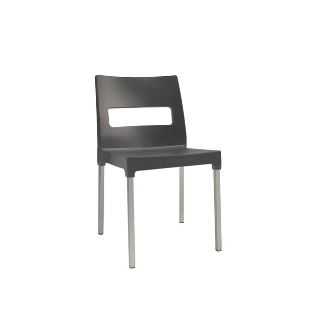 A modern Olly Stacking Side Chair with a black polypropylene seat and backrest featuring a rectangular cutout. The chair has four straight, silver metal legs and a minimalist design, perfect as an outdoor indoor chair against a plain white background.
