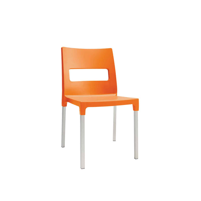 A modern Olly Stacking Side Chair with an orange polypropylene frame and rectangular cutout. Its four straight, silver metal legs and minimalist design make it perfect as an outdoor/indoor chair against a plain white background.