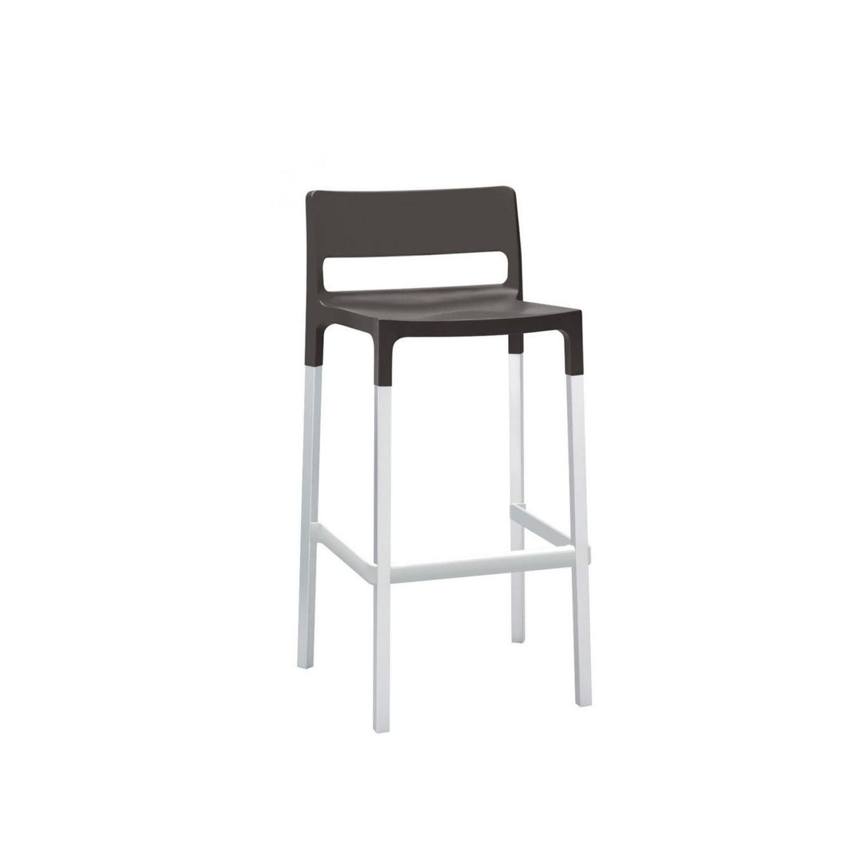 A modern polypropylene barstool with a dark brown, rectangular backrest and seat. The stool has four straight, white legs connected by support bars near the base, creating a simple and minimalist design. Ideal as an outdoor barstool. Plain white background.