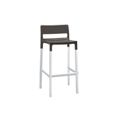 A modern polypropylene barstool with a dark brown, rectangular backrest and seat. The stool has four straight, white legs connected by support bars near the base, creating a simple and minimalist design. Ideal as an outdoor barstool. Plain white background.
