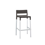 A modern polypropylene barstool with a dark brown, rectangular backrest and seat. The stool has four straight, white legs connected by support bars near the base, creating a simple and minimalist design. Ideal as an outdoor barstool. Plain white background.