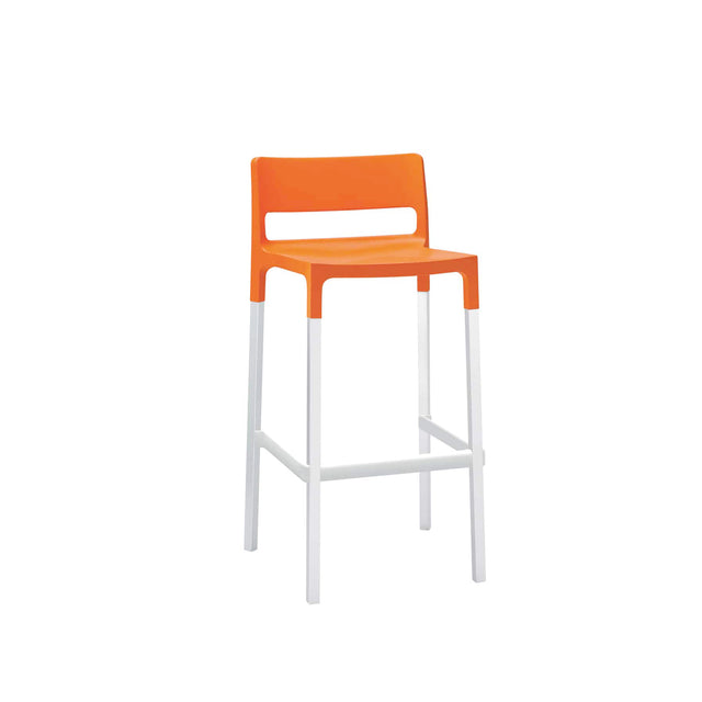 The Olly Stacking Barstool is a modern polypropylene barstool with an orange seat and backrest, featuring a horizontal cutout. Four straight white legs with supports complete its clean, minimalist look, perfect as an outdoor barstool against a plain white background.