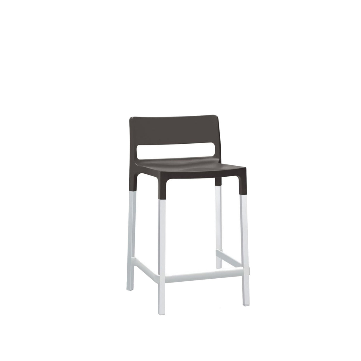 A modern polypropylene barstool with a dark brown seat and backrest featuring a rectangular cutout. The straight white legs include a footrest connecting the front legs. Ideal as an outdoor barstool, against a plain white background.