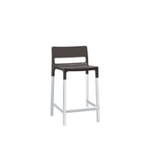 A modern polypropylene barstool with a dark brown seat and backrest featuring a rectangular cutout. The straight white legs include a footrest connecting the front legs. Ideal as an outdoor barstool, against a plain white background.