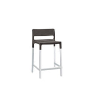 A modern polypropylene barstool with a dark brown seat and backrest featuring a rectangular cutout. The straight white legs include a footrest connecting the front legs. Ideal as an outdoor barstool, against a plain white background.