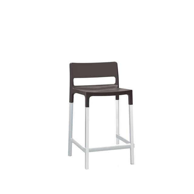A modern polypropylene barstool with a dark brown seat and backrest featuring a rectangular cutout. The straight white legs include a footrest connecting the front legs. Ideal as an outdoor barstool, against a plain white background.