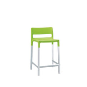 A modern Olly Stacking Barstool with a bright green polypropylene seat and backrest, featuring a rectangular cutout. The white legs include a footrest, creating a minimalistic, contemporary look—ideal as an outdoor barstool, pictured on a white background.