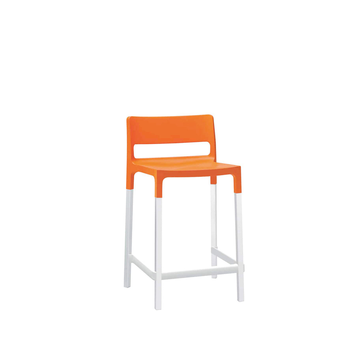 A modern Olly Stacking Barstool with an orange polypropylene seat and backrest, featuring a rectangular cutout. The straight white legs and support bar offer a minimalist, contemporary look. Perfect as an indoor or outdoor barstool. Plain white background.