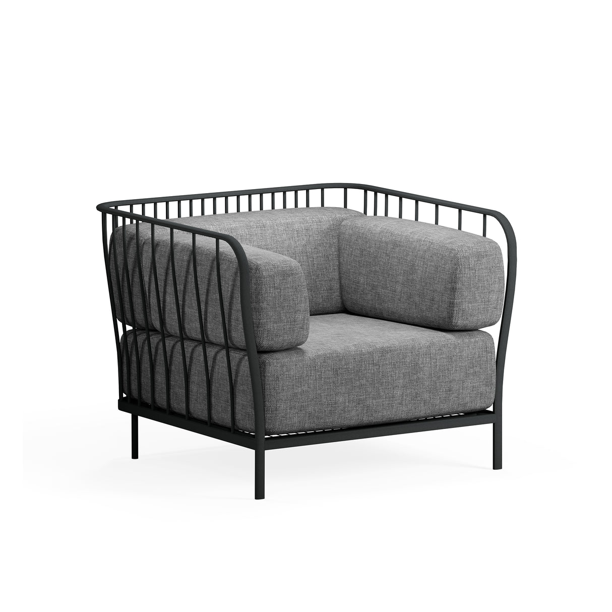 A modern Cannolè Lounge Armchair with a black steel wire back and metal frame featuring vertical, curved lines, plus thick gray cushions. Its airy, open structure and four straight legs make it ideal as an outdoor armchair against a white background.