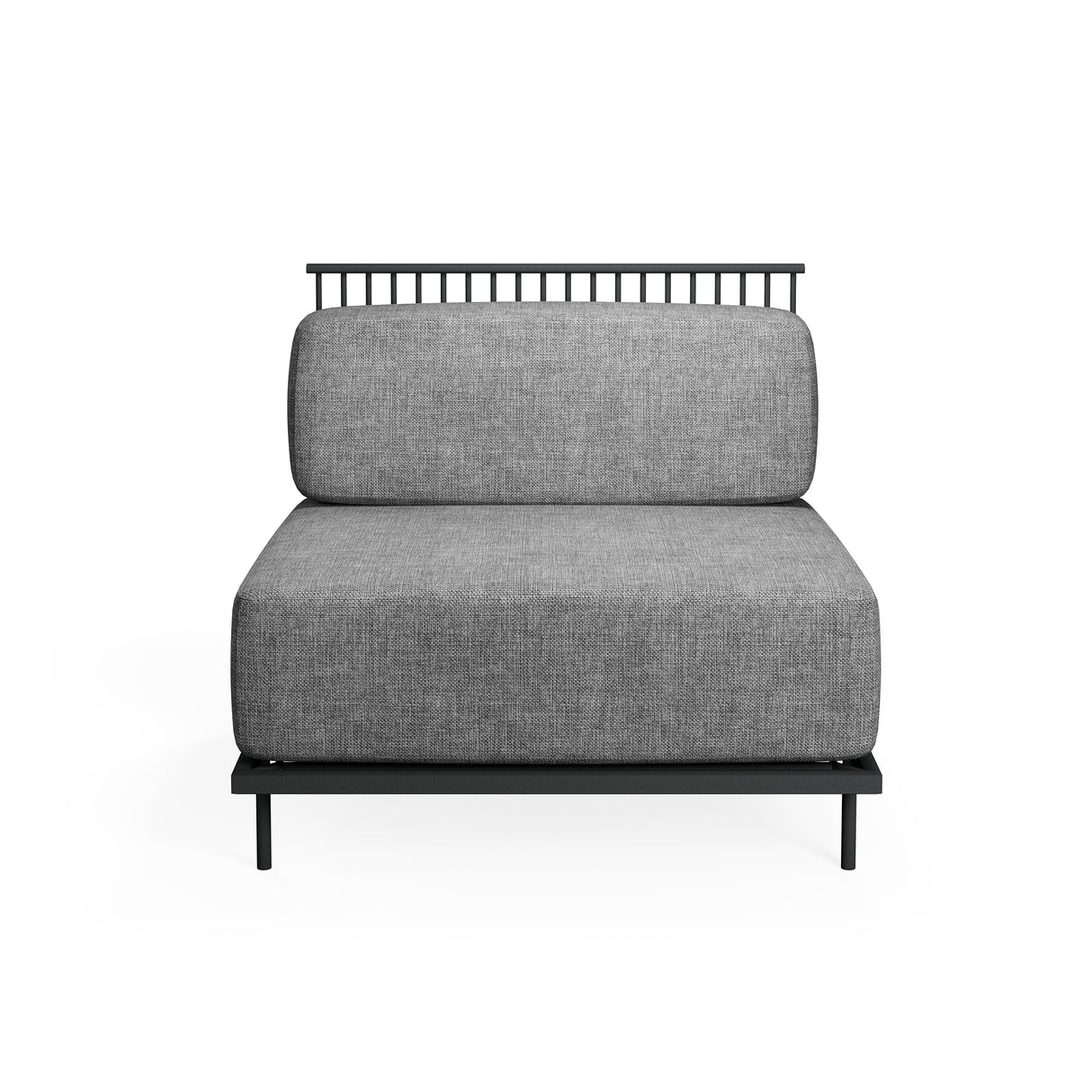 A modern armless Cannolè Lounge Straight Module chair with a gray upholstered seat and backrest, a black metal base with e-coat powder coated finish, and a minimalist steel wire back, shown from the front on a white background.