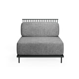 A modern armless Cannolè Lounge Straight Module chair with a gray upholstered seat and backrest, a black metal base with e-coat powder coated finish, and a minimalist steel wire back, shown from the front on a white background.