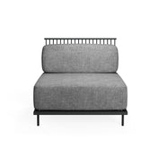 A modern armless Cannolè Lounge Straight Module chair with a gray upholstered seat and backrest, a black metal base with e-coat powder coated finish, and a minimalist steel wire back, shown from the front on a white background.