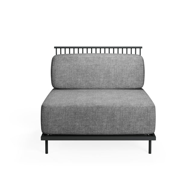 A modern armless Cannolè Lounge Straight Module chair with a gray upholstered seat and backrest, a black metal base with e-coat powder coated finish, and a minimalist steel wire back, shown from the front on a white background.