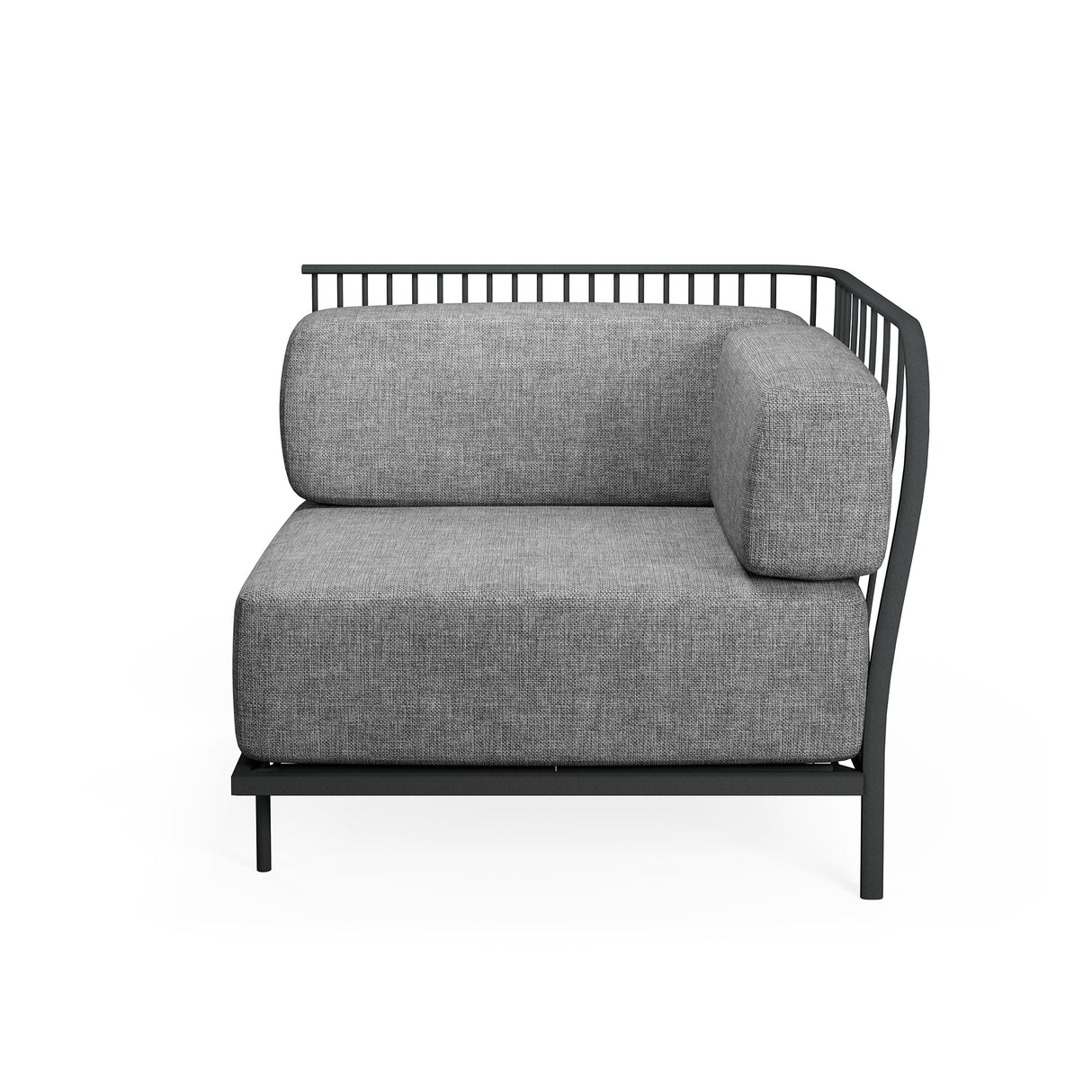 A modern Cannolè Lounge Right Corner Module with a black steel wire back, vertical slat backrest, and thick, light gray upholstered seat and back cushions. Its minimalist design suits both outdoor indoor spaces, shown against a plain white background.