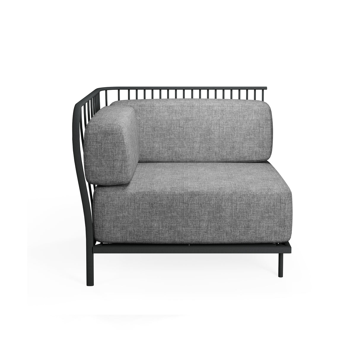 A modern Cannolè Lounge Left Corner Module with a minimalist black steel wire back and vertical slats. Light gray cushions complement its clean lines, making it perfect for stylish outdoor/indoor spaces against a plain white background.